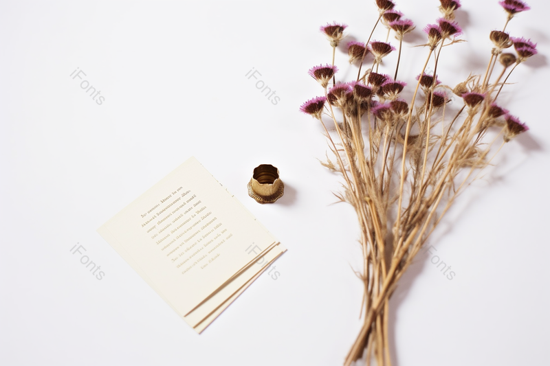 办公桌上的紫色干花和留言信纸,高清,摄影图,摄影图片,图片大全,摄影图免费下载